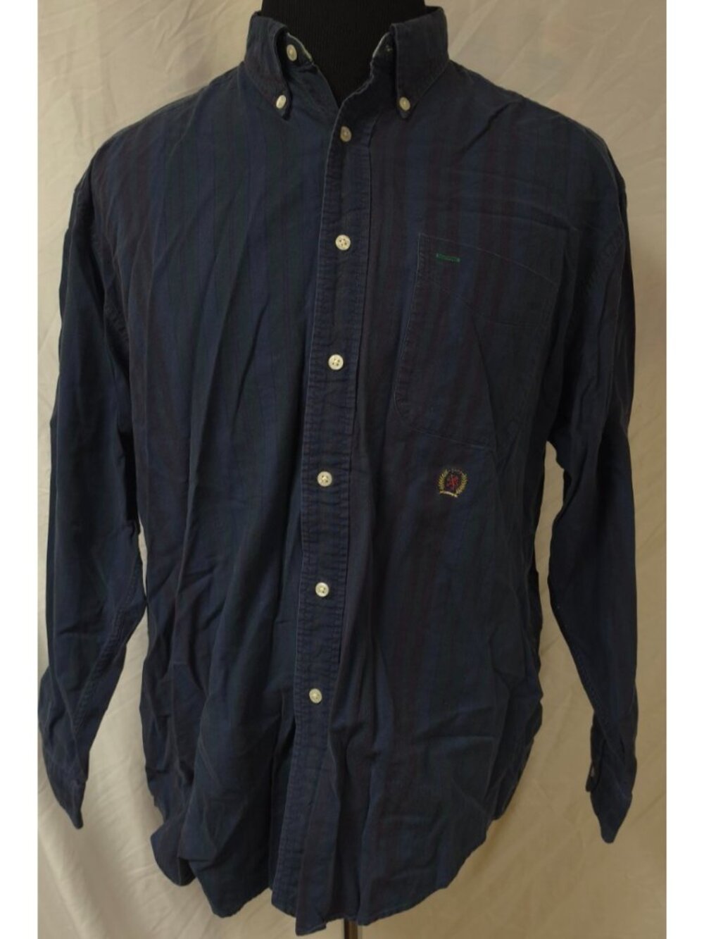 VTG Tommy Hilfiger Mens (L) Blue Vertical Stripe Button Down Shirt 90s Crest